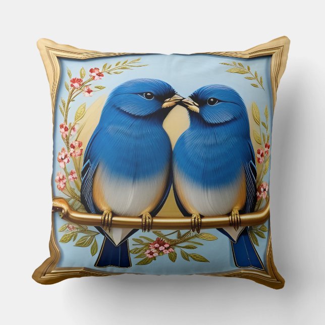 🌸 Coussin décoratif Oiseaux bleus Fleurs Décorati (Recto)