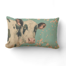 Coussin décoratif pastel Vache et fleurs de cerisi