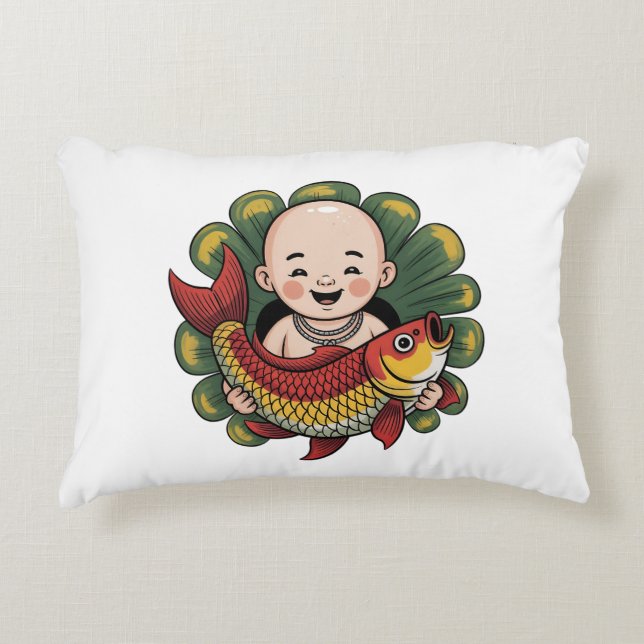 Coussin décoratif | Petit garçon avec Lucky Koi (Devant)