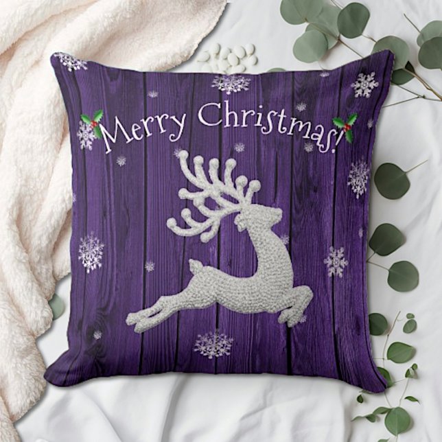 Coussin décoratif pour Noël Cerf rustique violet (Purple Rustic Christmas Reindeer Throw Pillow)
