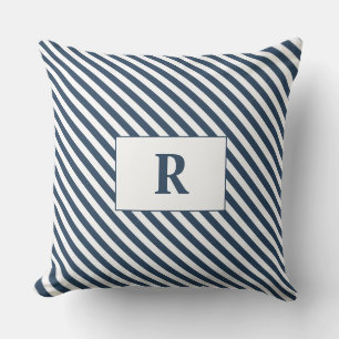 Coussin décoratif rayé bleu/blanc avec monogramme