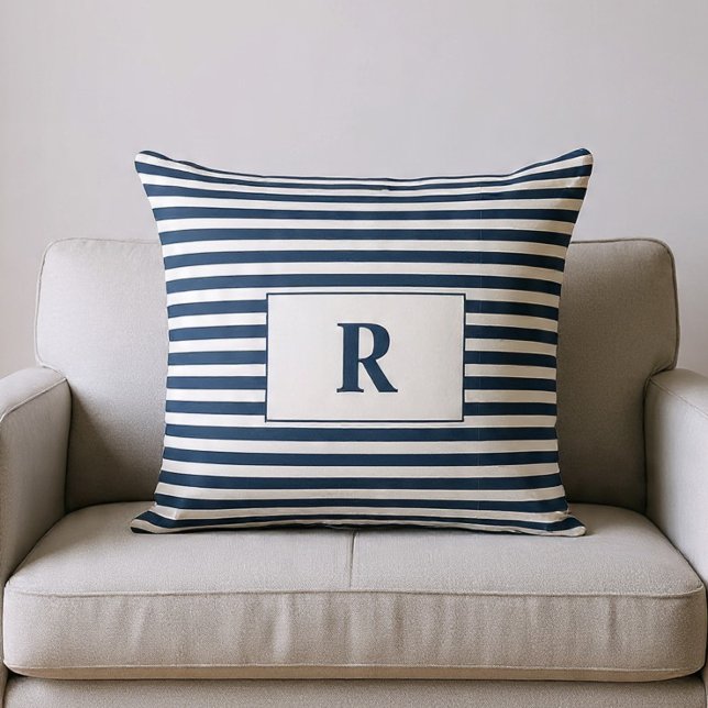 Coussin décoratif rayé bleu/blanc avec monogramme (Créateur téléchargé)