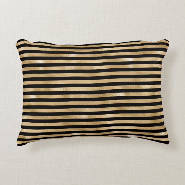 Coussin décoratif rayé noir et or (Devant)
