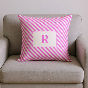 Coussin décoratif rayé rose/blanc avec monogramme