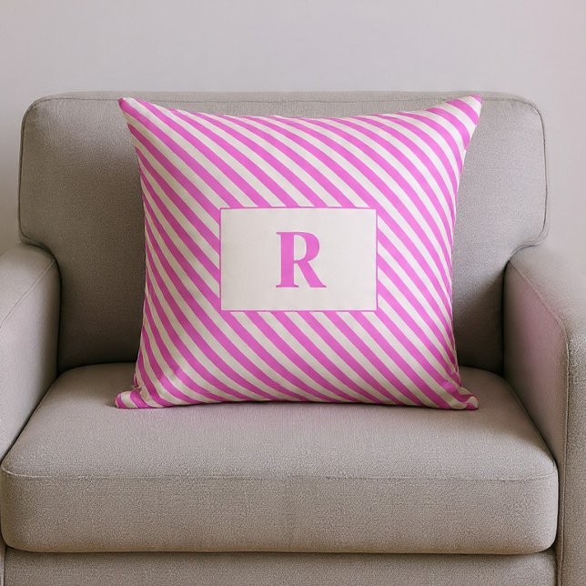 Coussin décoratif rayé rose/blanc avec monogramme (Créateur téléchargé)