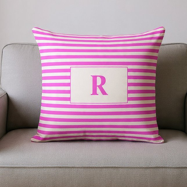 Coussin décoratif rayé rose/blanc avec monogramme (Créateur téléchargé)