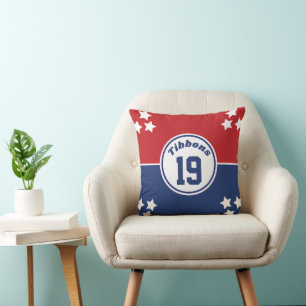 Coussin décoratif thème sport rouge et bleu
