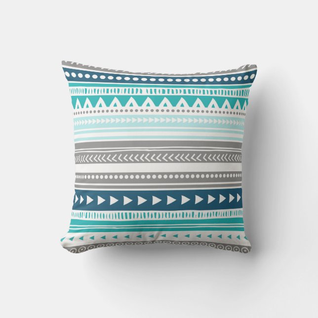 Coussin décoratif tribal gris turquoise bleu (Recto)