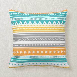 Coussin décoratif tribal gris turquoise orange