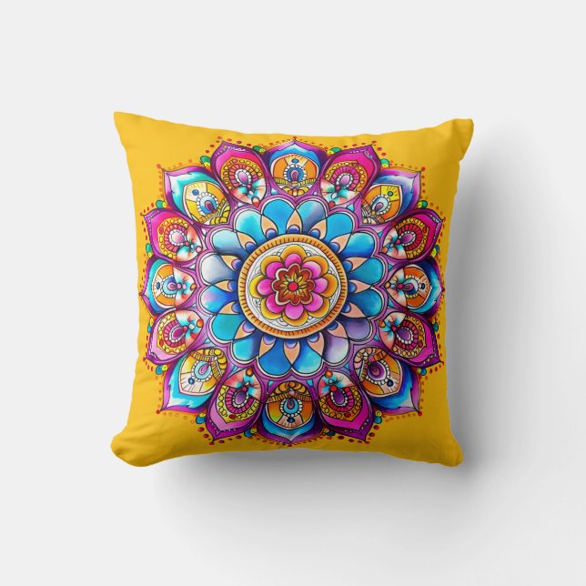 Coussin décoratif vibrant Mandala Bloom (Recto)