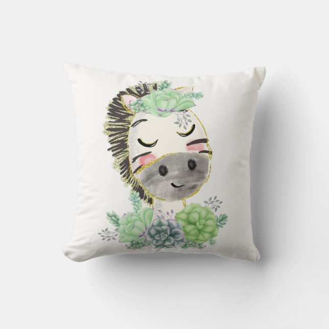 Coussin décoratif zèbre à l'aquarelle avec succule (Recto)