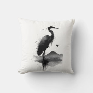 Coussin décoratif zen de la grue Sumi-e japonaise