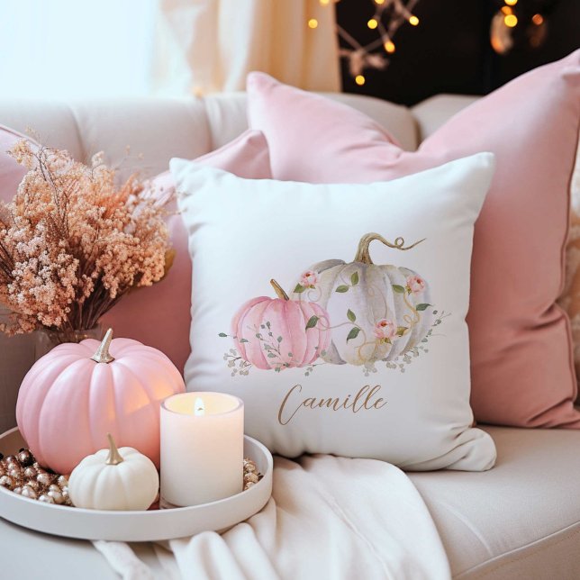 Coussin Décoration Citrouille blanc et rose automne (Pink and White Pumpkin kids decorative pillow)