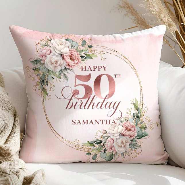 Coussin Décoration d'anniversaire de 50 ans Fleurs Blush O (Chic Rose Gold Blush Flowers 50th Birthday Decorative Gift

)