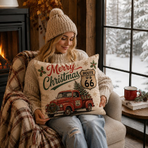 Coussin Décoration de camion de Noël Route 66 Rétro