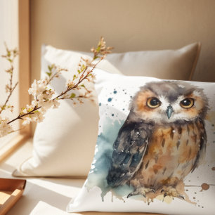 Coussin Décoration de hibou de forêt à l'aquarelle douce