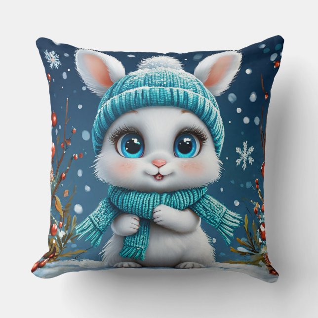 Coussin 🐰 Décoration de lapin d'hiver blanc ❄️ (Recto)