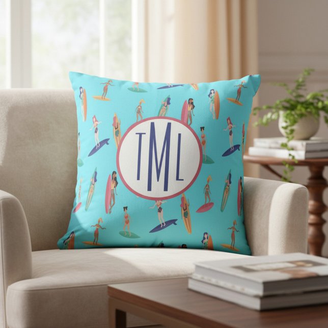 Coussin Décoration de maison de plage et surf Monogramme (Créateur téléchargé)