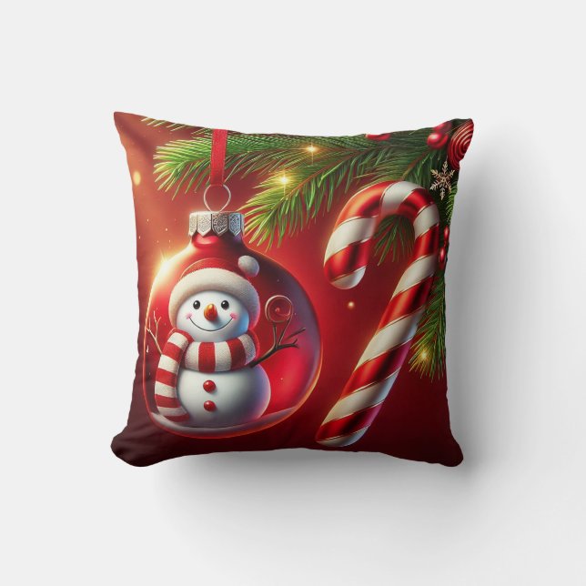 Coussin Décoration de Noël Bonhomme de neige joyeux (Recto)