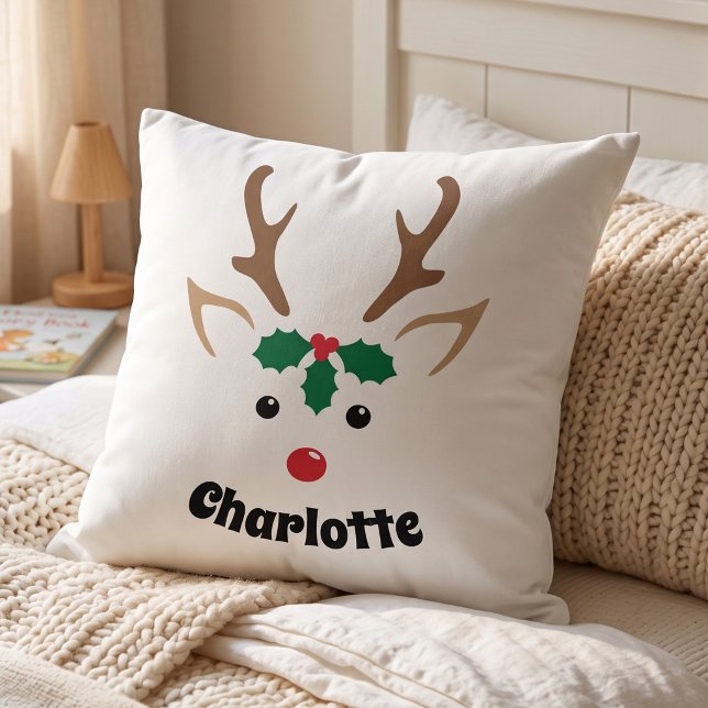 Coussin Décoration de Noël de rennes festive | Nom personn (Créateur téléchargé)