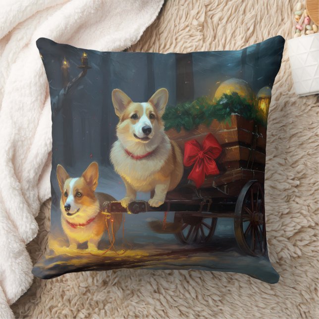 Coussin Décoration de Noël Traîneau enneigé Corgi (Couverture)