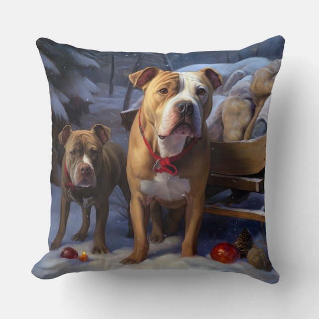 Coussin Décoration de Noël Traîneau enneigé Pitbull (Recto)