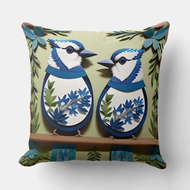 Coussin 🌸 Décoration Nature Artistique Oiseau Geai Bleu (Recto)