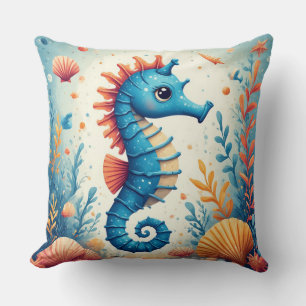 Coussin Décoration Océanique Fantaisiste Cheval Marin Bleu
