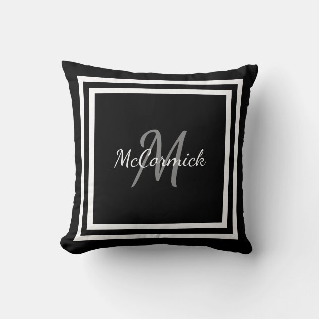 Coussin décoré d'un monogramme moderne blanc noir (Recto)
