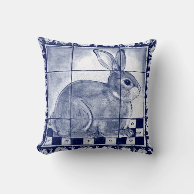 Coussin Dedham Rabbit Bleu Blanc Bunny Delft Tile Mural  (Recto)