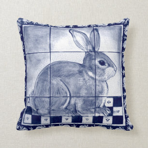 Coussin Dedham Rabbit Bleu Blanc Bunny Delft Tile Mural 