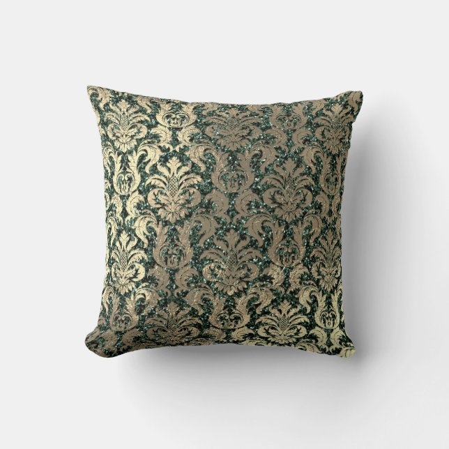 Coussin Deep Green Damask Parties scintillant en verre min (Recto)