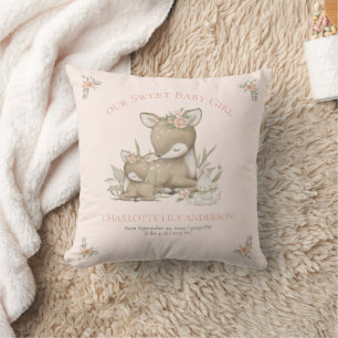 Coussin Deer Woodland Baby Girl Birth Stats Nursery Décor