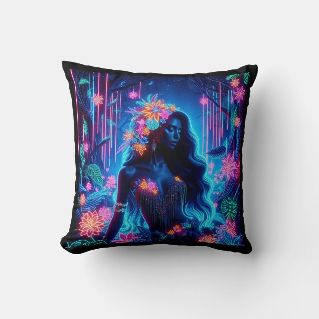 Coussin Déesse De Lumière Neon luisant Forêt imaginaire ar (Recto)