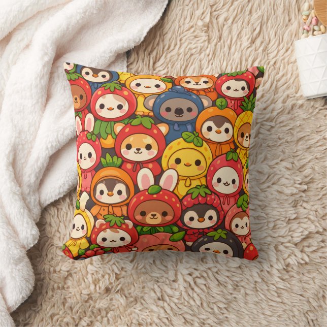 Coussin Défilé d'amis fruits | Chibi d'animaux mignons (Couverture)