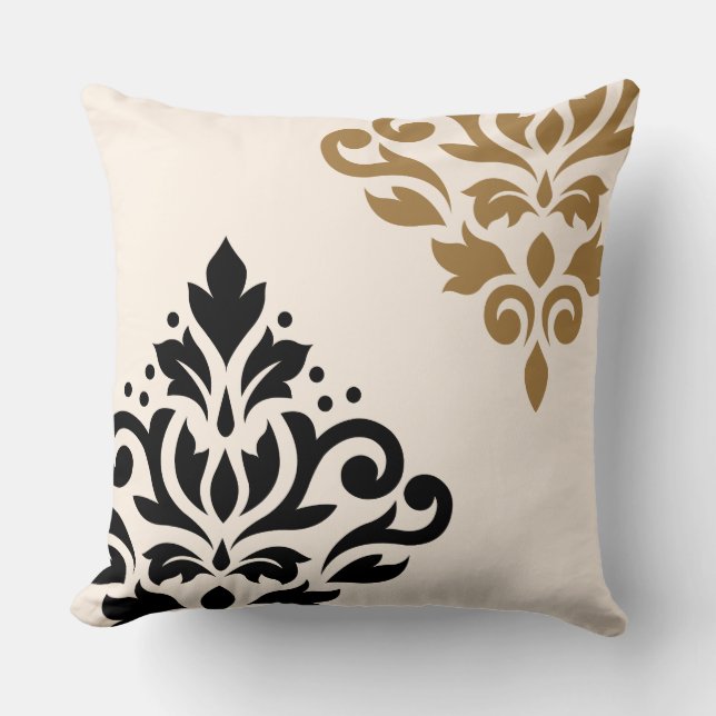 Coussin Défiler Damask Art I Black & Gold sur crème (Recto)