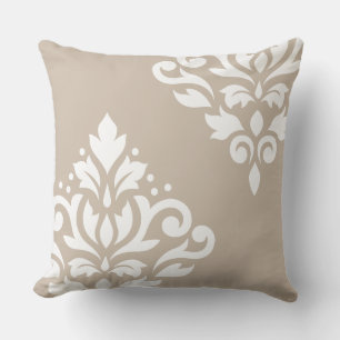 Coussin Défiler Damask Art I Blanc sur Taupe légère