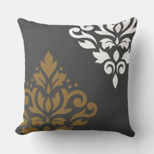 Coussin Défiler Damask Art I Gold & White sur Grey