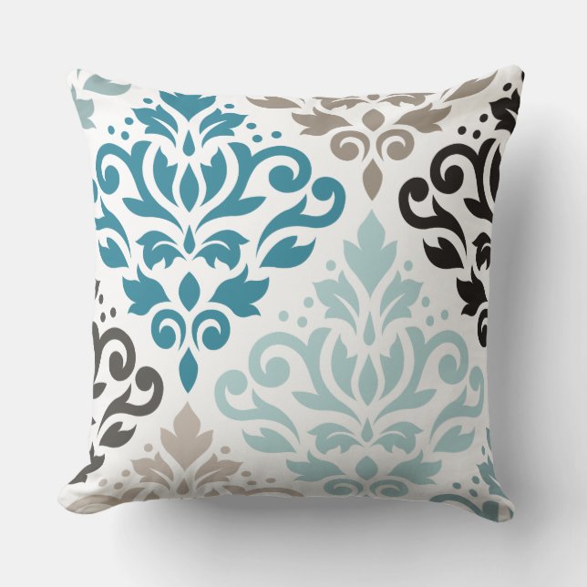 Coussin Défiler Damask Décaler Ptn Art Teals Browns Blanc (Recto)