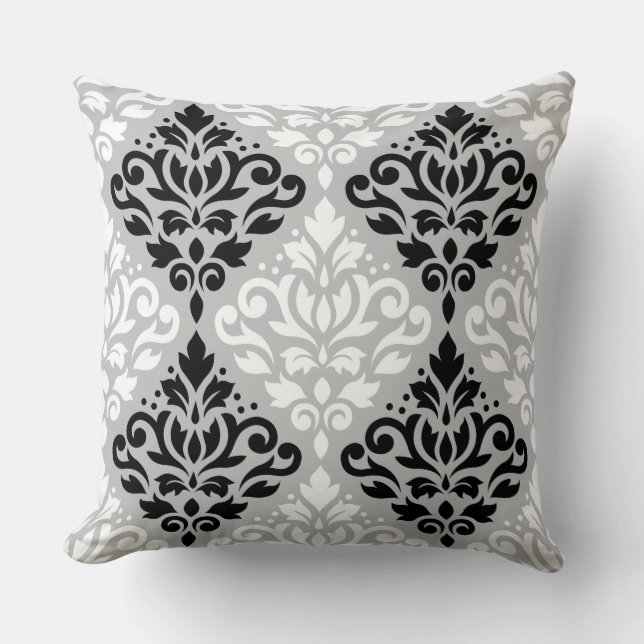 Coussin Défiler Damask Lg Ptn B&W sur Grey (Recto)