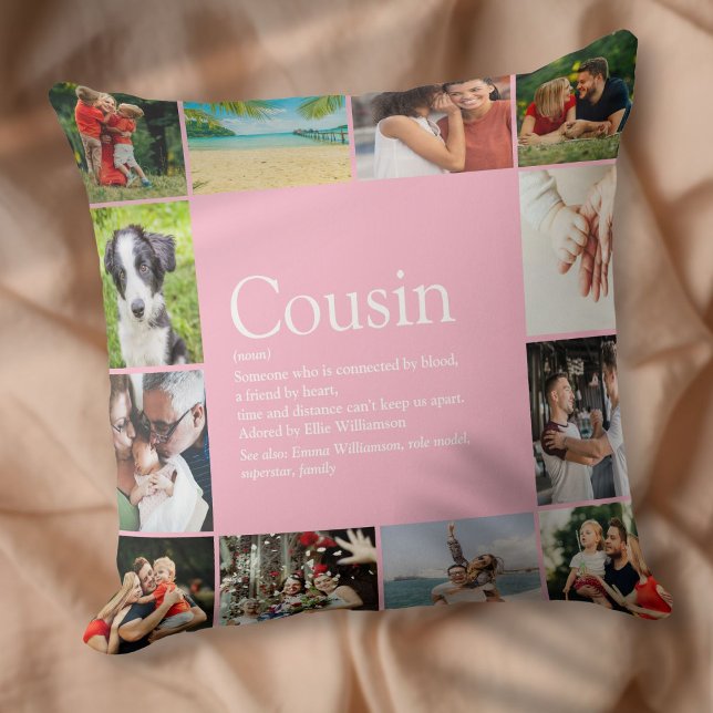 Coussin Définition de Cousine Citation Photo Rose Grand (Cousin Definition Saying Photo Pink Large Throw Pillow)