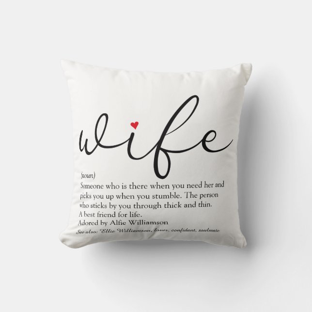 Coussin Définition de femme Cœur rouge écriture noir et bl (Recto)