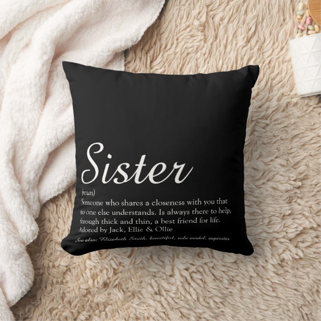 Coussin Définition de sœur Chic Script Noir et Blanc (Couverture)