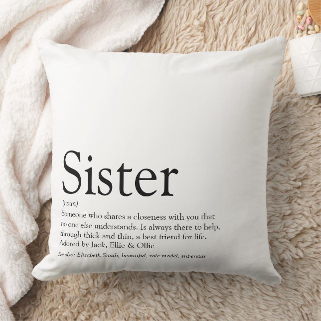 Coussin Définition de sœur disant noir et blanc grand (Couverture)