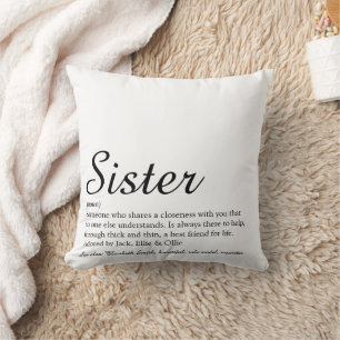 Coussin Définition de sœur Écriture chic noir et blanc