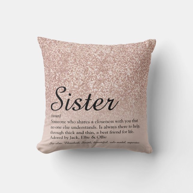 Coussin Définition de sœur Écriture chic paillettes or ros (Recto)