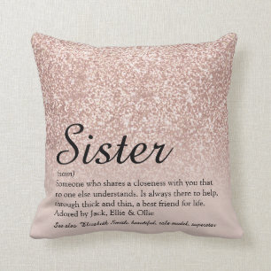 Coussin Définition de sœur Écriture chic paillettes or ros