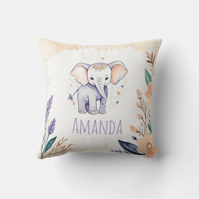 Coussin d'éléphant de bébé personnalisé Boho Flora (Verso)