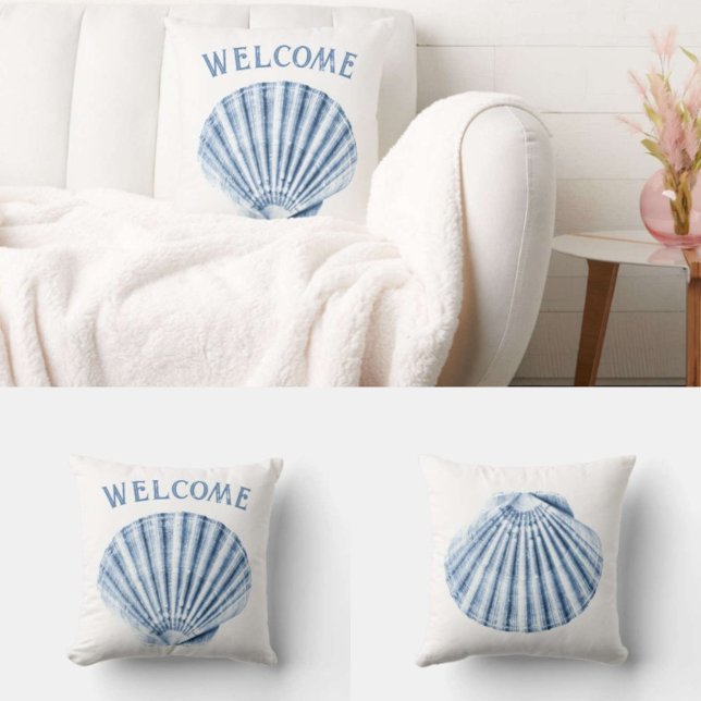 Coussin Delft Blue Clam Sea Shell Nautical Beach House (Front and back view with couch. )