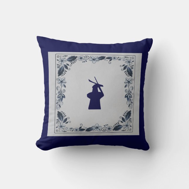 Coussin Delft blue tuile moulin 'de Roos' à Delft (Recto)